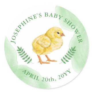 Watercolor Yellow Chick With Green Baby Shower Classic Round Sticker