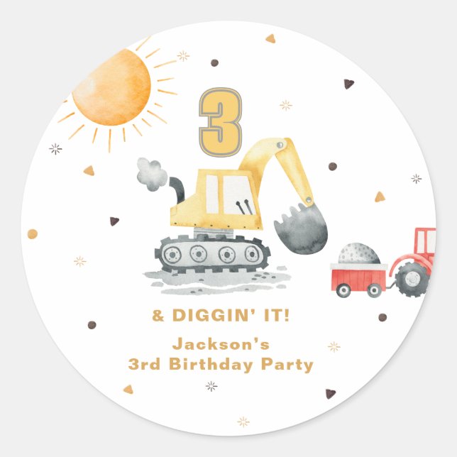 Watercolor Yellow Construction 3rd Brithday Classic Round Sticker (Front)