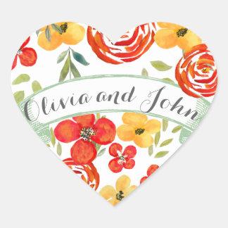 Watercolor Yellow Coral Green Floral Wedding Seal