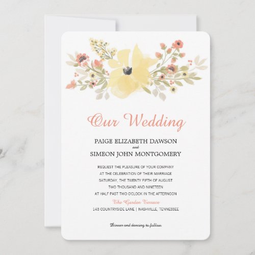 Watercolor Yellow Coral Spring Blossoms  Wedding Invitation