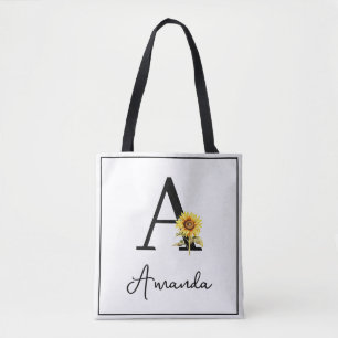 Watercolor Yellow Custom Monogramed Name Sunflower Tote Bag