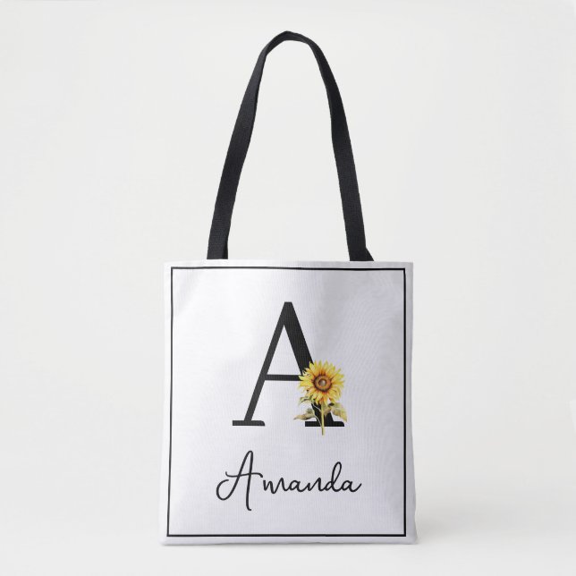 Watercolor Yellow Custom Monogramed Name Sunflower Tote Bag (Front)