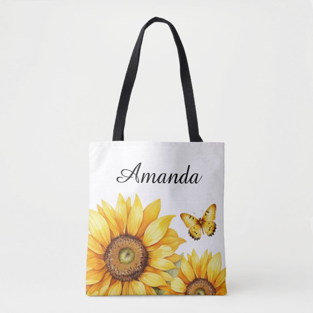 Watercolor Yellow Custom Script Name Sunflower Tote Bag (Front)