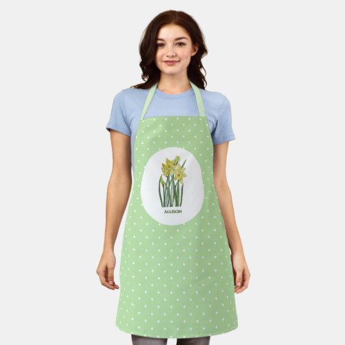 Watercolor Yellow Daffodils Green White Polka Dots Apron