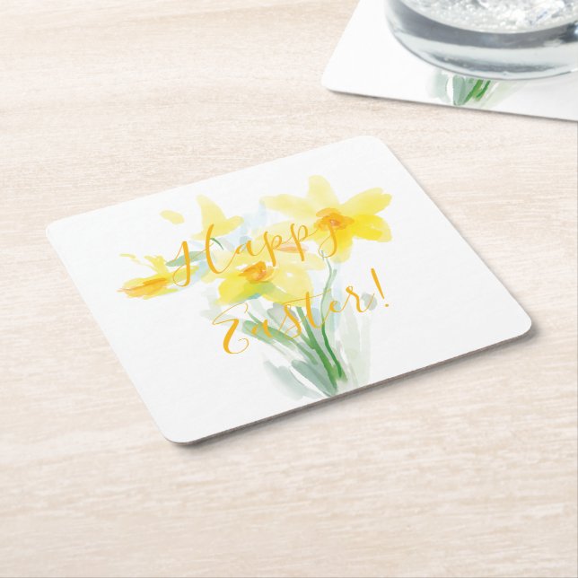 Watercolor Yellow Daffodils /Happy Easter Square Paper Coaster (Angled)