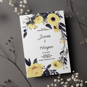 Watercolor yellow dark gray daisy floral Wedding Invitation