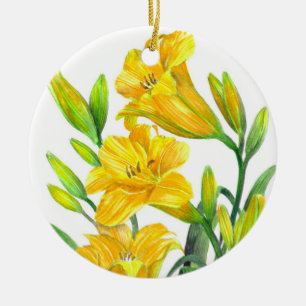 Watercolor Yellow Day Lilies Floral Art Ceramic Ornament