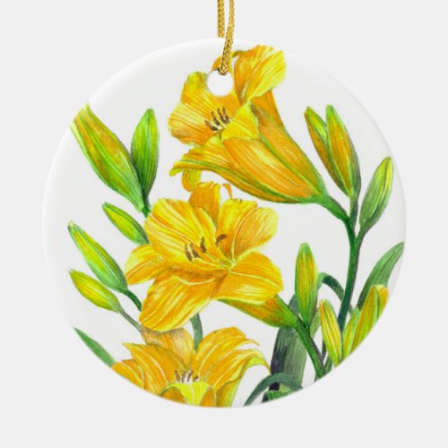 Watercolor Yellow Day Lilies Floral Art Ceramic Ornament