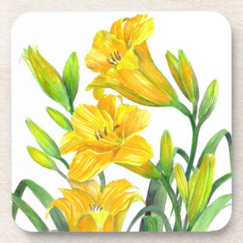 Watercolor Yellow Day Lilies Floral Art Coaster