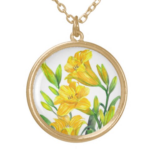 Watercolor Yellow Day Lilies Floral Art Gold Plated Necklace