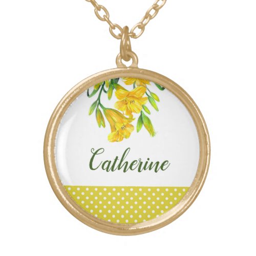 Watercolor Yellow Day Lilies Floral Art Gold Plated Necklace