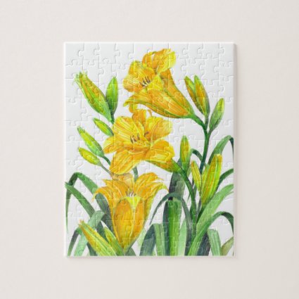 Watercolor Yellow Day Lilies Floral Art Jigsaw Puzzle