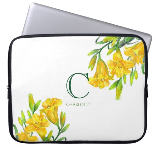 Watercolor Yellow Day Lilies Floral Art Monogram Laptop Sleeve