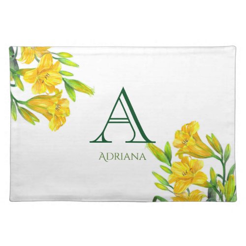 Watercolor Yellow Day Lilies Floral Art Monogram Placemat