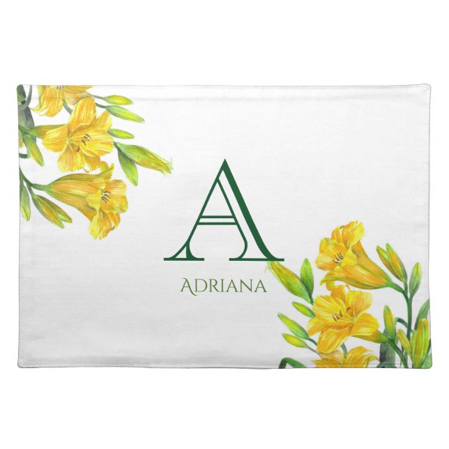 Watercolor Yellow Day Lilies Floral Art Monogram Placemat (Front)