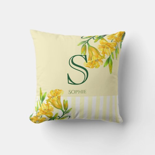 Watercolor Yellow Day Lilies Floral Art Monogram Throw Pillow