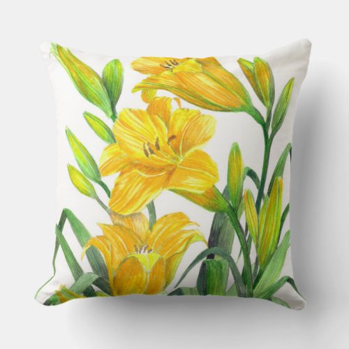 Watercolor Yellow Day Lilies Floral Art Throw Pillow