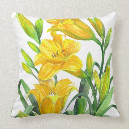 Watercolor Yellow Day Lilies Floral Art Throw Pillow
