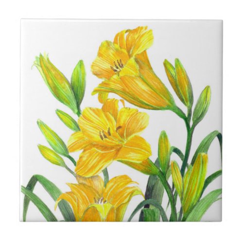 Watercolor Yellow Day Lilies Floral Art Tile