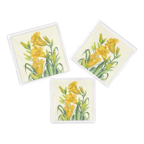 Watercolor Yellow Day Lilies Floral Illustration Acrylic Tray