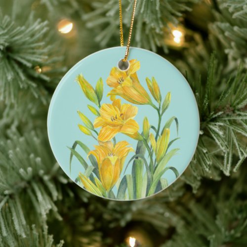 Watercolor Yellow Day Lilies Floral Illustration C Ceramic Ornament