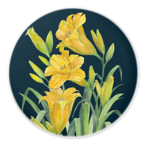 Watercolor Yellow Day Lilies Floral Illustration Ceramic Knob