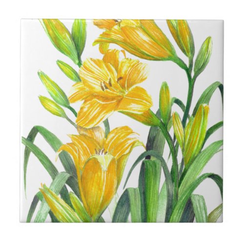 Watercolor Yellow Day Lilies Floral Illustration Ceramic Tile