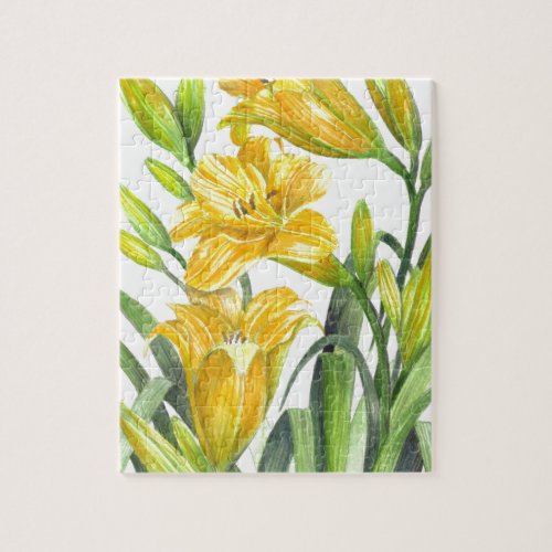 Watercolor Yellow Day Lilies Floral Illustration Jigsaw Puzzle