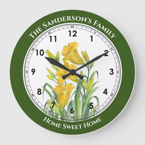 Watercolor Yellow Day Lilies Floral Illustration Large Clock