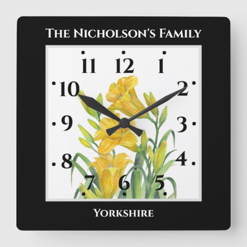 Watercolor Yellow Day Lilies Floral Illustration Square Wall Clock