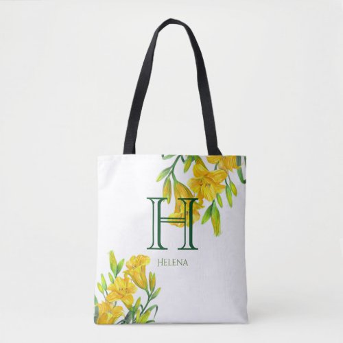 Watercolor Yellow Day Lilies Floral Monogram Tote Bag