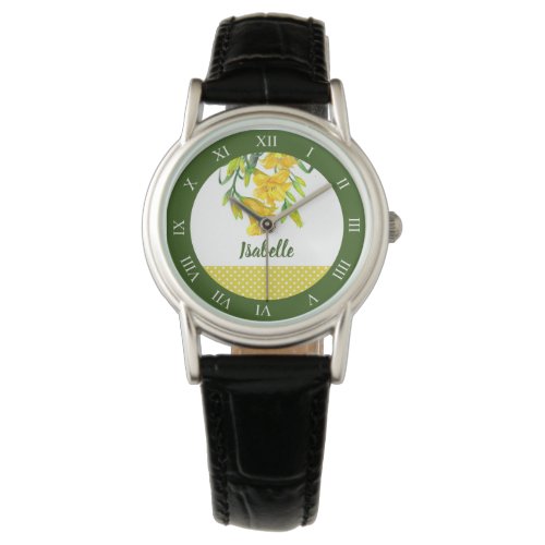 Watercolor Yellow Day Lilies Floral Roman Numbers Watch
