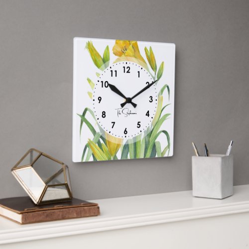 Watercolor Yellow Day Lilies Flower Illustration Square Wall Clock