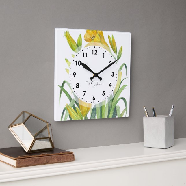 Watercolor Yellow Day Lilies Flower Illustration Square Wall Clock (Office)