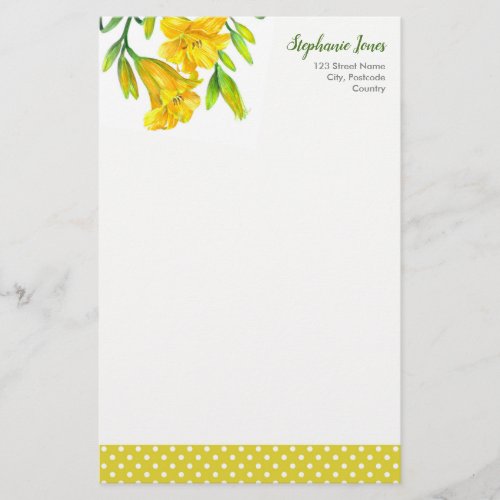 Watercolor Yellow Day Lilies Flower Painting Stationery