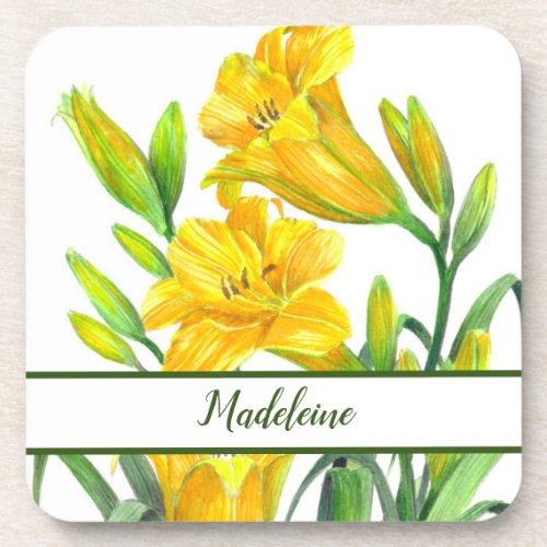 Watercolor Yellow Day Lilies Flower Portrait Beverage Coaster