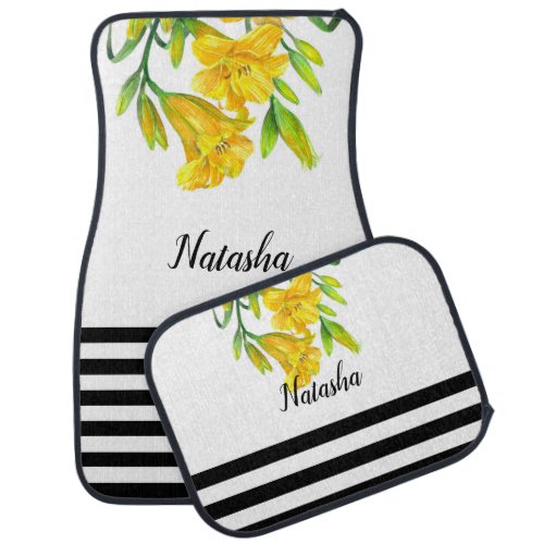 Watercolor Yellow Day Lilies Flower Stripes Car Floor Mat