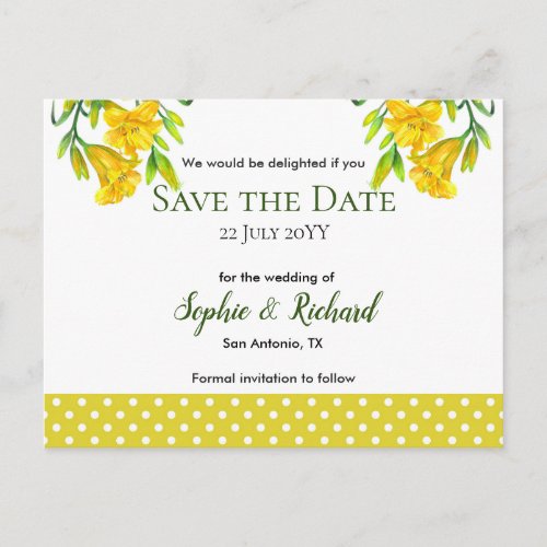 Watercolor Yellow Day Lilies Save The Date Announcement Postcard