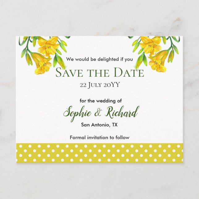 Watercolor Yellow Day Lilies Save The Date Announcement Postcard (Front)
