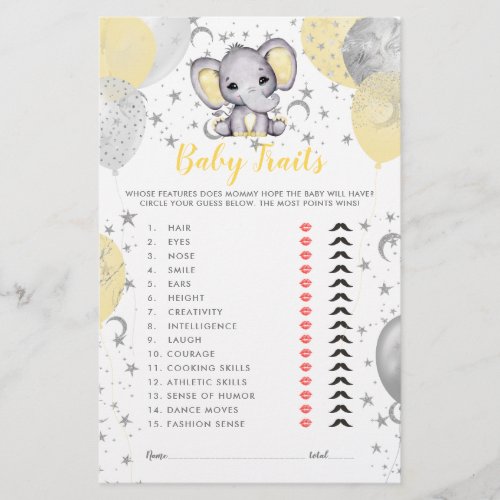 Watercolor Yellow Elephant Baby Traits Shower Game
