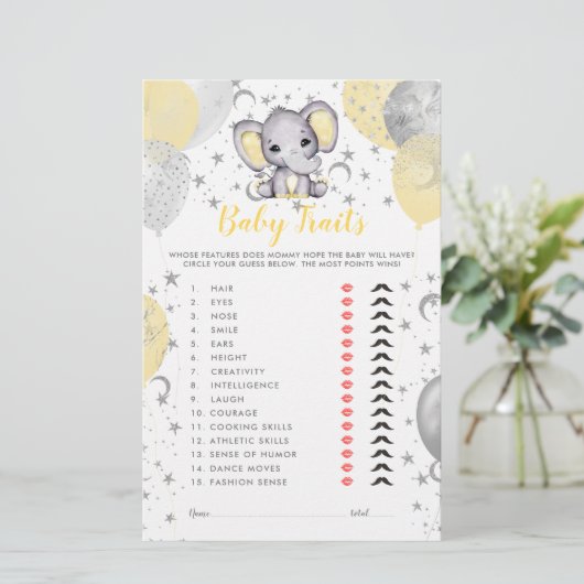 Watercolor Yellow Elephant Baby Traits Shower Game (Standing Front)