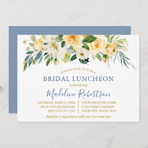 Watercolor Yellow Floral Blue Gold Bridal Lunch Invitation