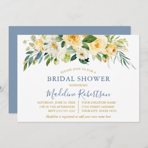 Watercolor Yellow Floral Blue Gold Bridal Shower Invitation
