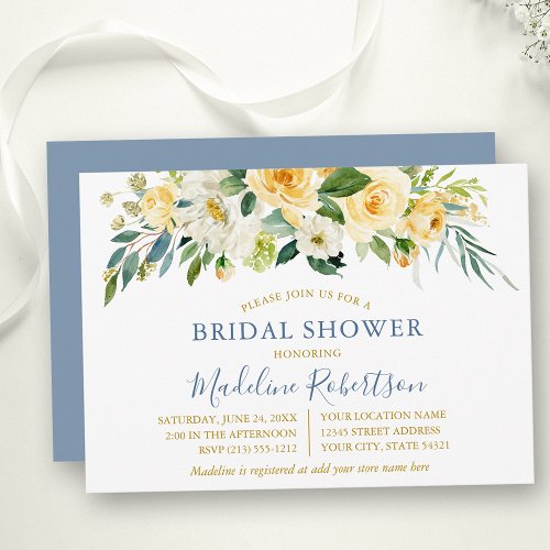 Watercolor Yellow Floral Blue Gold Bridal Shower Invitation