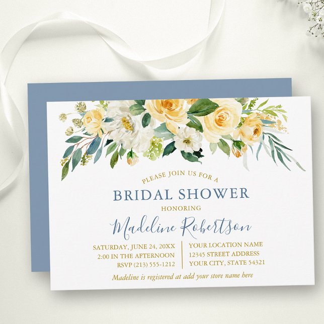 Watercolor Yellow Floral Blue Gold Bridal Shower Invitation (Customize to change text color, text style or color of back of card.)