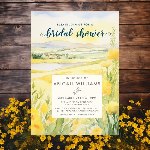 Watercolor Yellow Floral Countryside Bridal Shower Invitation
