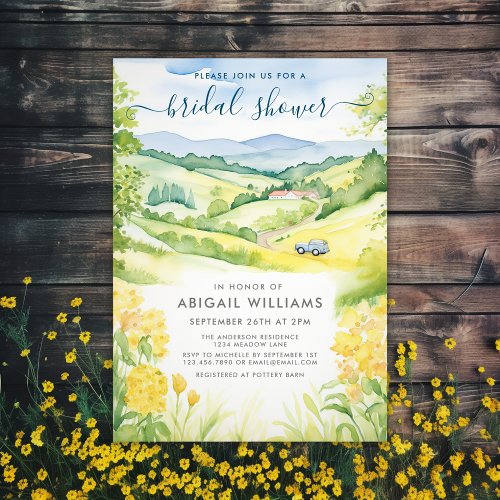 Watercolor Yellow Floral Countryside Bridal Shower Invitation