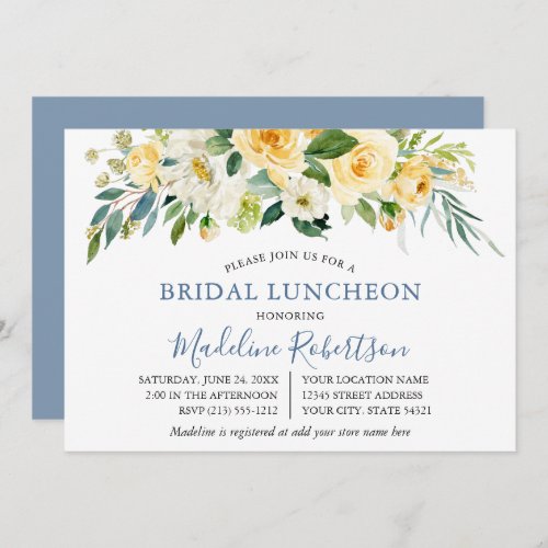 Watercolor Yellow Floral Dusty Blue Bridal Lunch Invitation