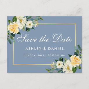 Watercolor Yellow Floral Dusty Blue Save the Date Postcard