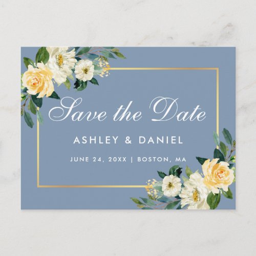 Watercolor Yellow Floral Dusty Blue Save the Date Postcard